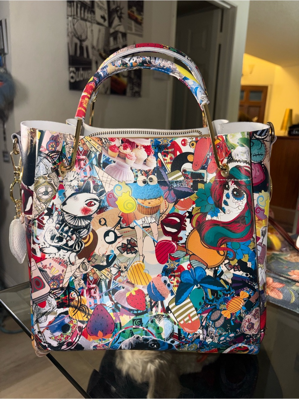 Italian Handmade Leather Tote Bag for Woman Pop Art Design, Made in Italy